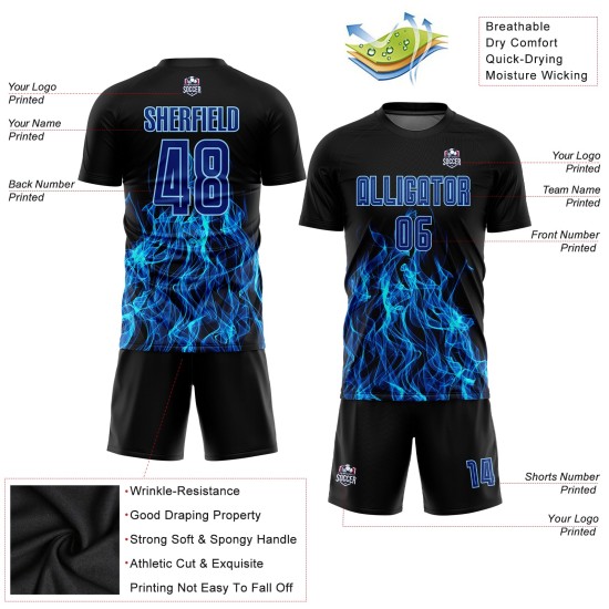 Blue Custom Flame Uniform Sublimation Royal-Light Black Jersey Soccer Blue Custom Flame Uniform Sublimation Royal-Light Black Jersey Soccer