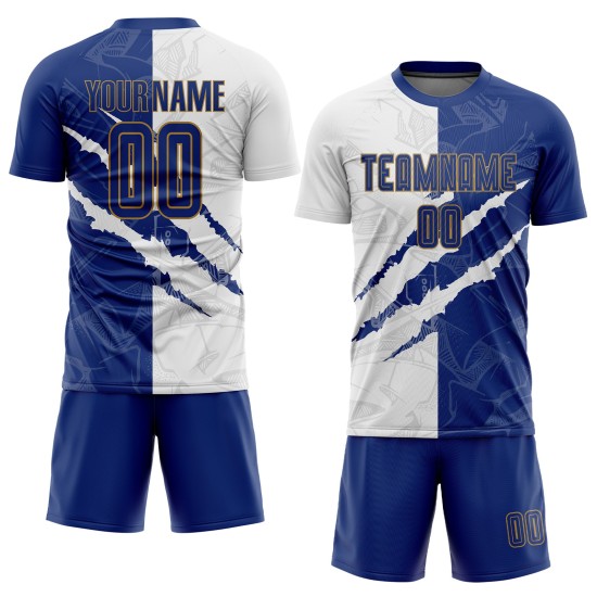 White-Old Scratch Jersey Royal Gold Soccer Graffiti Pattern Custom Uniform Sublimation White-Old Scratch Jersey Royal Gold Soccer Graffiti Pattern Custom Uniform Sublimation