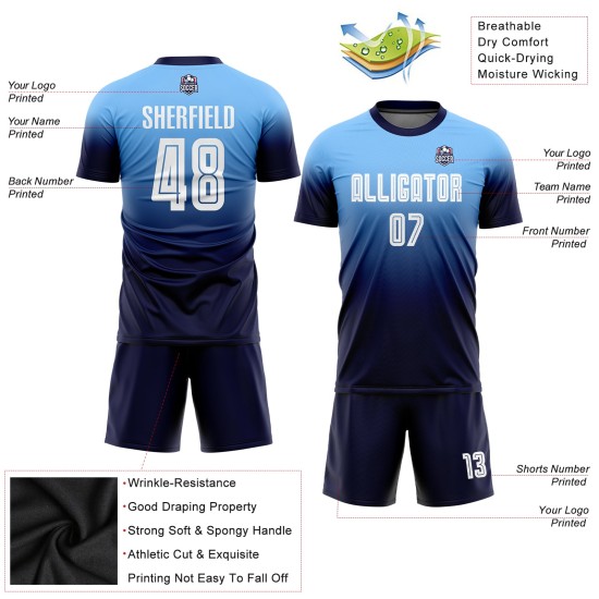 Custom Uniform Sublimation Soccer Blue Jersey White-Navy Light Fashion Fade
